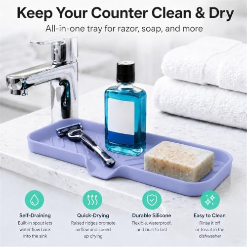 MicoYang Silicone Soap Dish with Drain Spout — Self-Draining Double Sink Organizer Tray for Kitchen & Bath, Dispensers, Sponges & Soap Holder, Non-Slip & Dishwasher Safe, Light Purple (Large, 12"×4") - Image 6