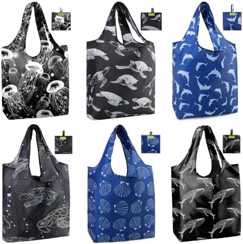 BeeGreen Reusable Shopping Bags Cute Grocery Bag 6 Pack, Reusable Gift Bags Heavy-Duty Foldable Shopping Totes for Supermarket, Work & Travel, Large Washable Polyester Tote Bag with Handles by BeeGreen