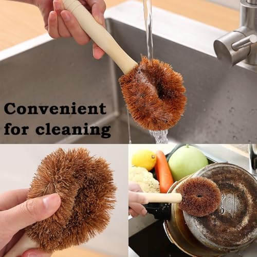 3Pcs Natural Coconut Fiber Brush Coconut Dish Scrubber Wooden Cleaning Brush with Handle for Kitchen - Image 4