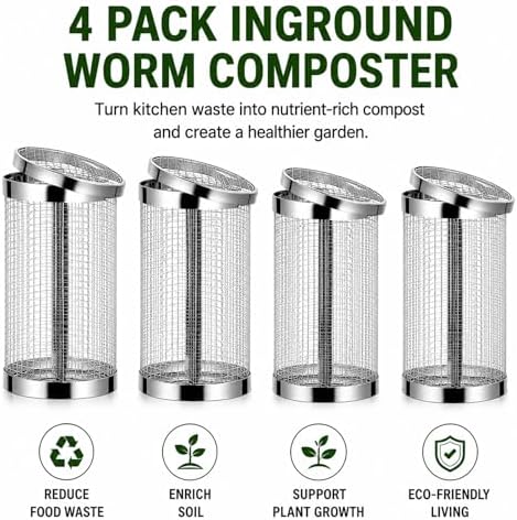 4PCS Inground Worm Composting Bin Turn Food Waste into Nutrient-Rich Soil Increase Soil Fertility Stainless Steel Composting Bin with Holes and Lid for Outdoor Garden Vegetable Patch Backyard - Image 3