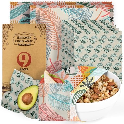 Akeeko Reusable Beeswax Food Wraps - Assorted 9 Packs, Reusable, Plastic-Free Food Storage, 5 Small, 2 Medium, 1 Large Wraps, 1 Extra Large with Tropical Leave Pattern by Akeeko