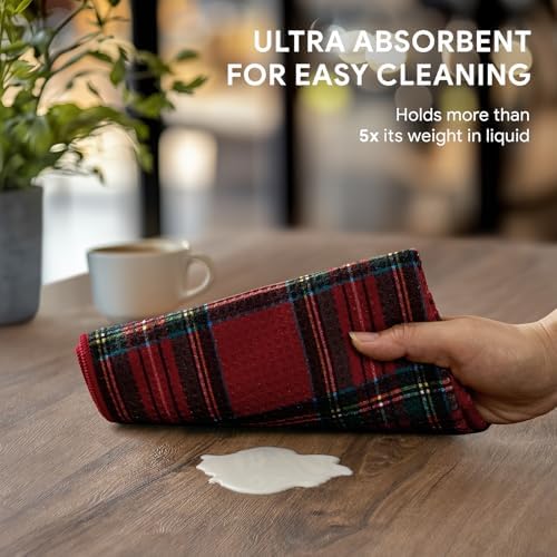 RECYCO Christmas Waffle Kitchen Towel Set of 2 - Quick Dry Microfiber Sustainable Dish Towels - Ultra Absorbent Reusable Cleaning Tea Towels - Lightweight Hand Towels,16”x 28”, Stewart Plaid Red - Image 3