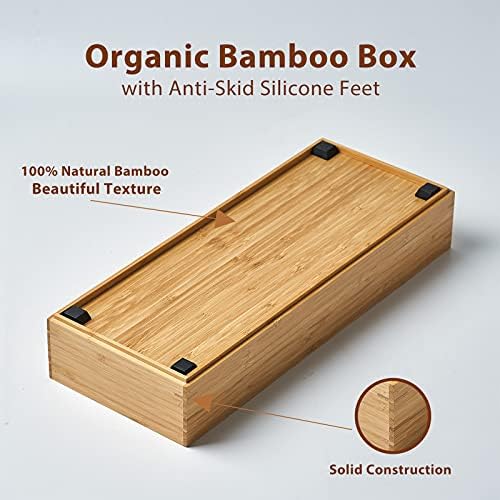 Umilife Bamboo Kitchen Drawer Organizer Boxes with Anti-Skid Silicone Feet, 2pcs Stackable Storage Bins for Kitchen Utensils & Silverware & Desk Drawer & Makeup, Tools Holder, 15”L x 6”W x 2.5”D Each - Image 3