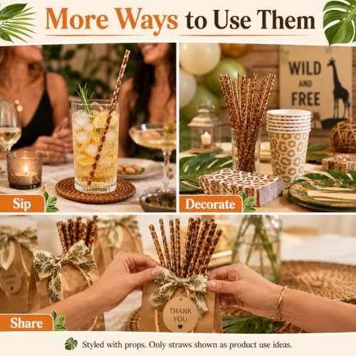 50 Pcs Reusable Leopard Straws, Plastic Cheetah Animal Straws and Cleaning Brush for Women Tumblers Drinking Safari Wild Birthday Party - Image 7