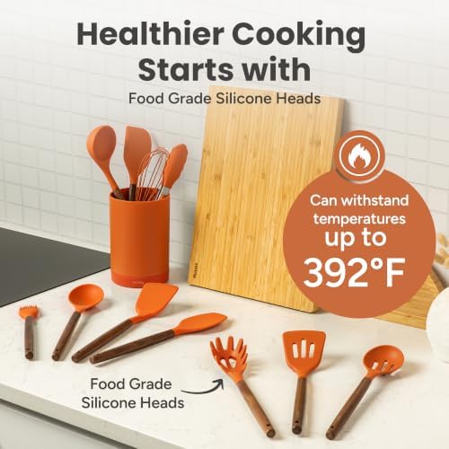 SMIRLY Silicone Kitchen Utensils Set, 22-Piece Acacia Wood Handle, Orange - Image 4