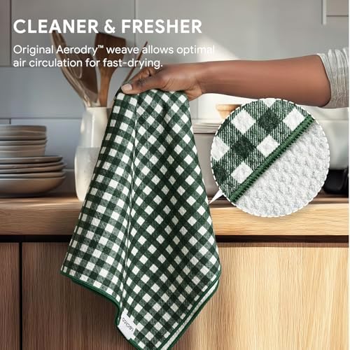 RECYCO Waffle Kitchen Towel Set of 2 - Quick Dry Microfiber Sustainable Dish Towels - Ultra Absorbent Reusable Cleaning Tea Towels - Lightweight Hand Towels,16”x 28”, Pine Green Plaid - Image 4