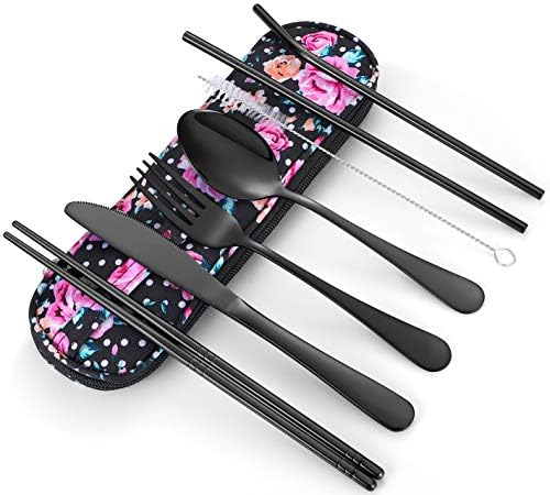 Travel Utensils,Reusable Silverware Set To Go Portable Cutlery Set with a Waterproof Carrying Case for Lunch Boxes Workplace Camping Picnic (Black) by Topbooc