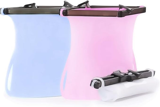 Reusable Silicone Stand-Up Food Storage Bags (Set of 3) Airtight Leakproof Microwave Freezer Dishwasher Safe Bags (Blue + Pink + White, 33 Oz)