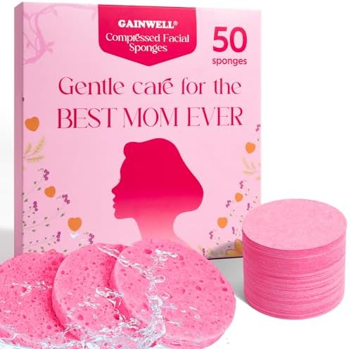 GAINWELL Gifts for MoM in Mothers Day, 50-Count Compressed Facial Sponge, Daily Facial Cleansing and Exfoliating, 100％ Natural Cosmetic Spa Sponges for Makeup Remover, Reusable, Pink by GAINWELL