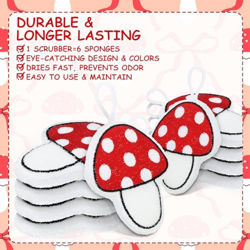 12 Pcs Red Mushroom Sponge Dish Scrubber Dual Sided Non Scratch Dish Washing Scrubbers Reusable Household Cleaning Kitchen Tools for Dishwashing Washing Dishes Cookware Tubs Sinks - Image 3