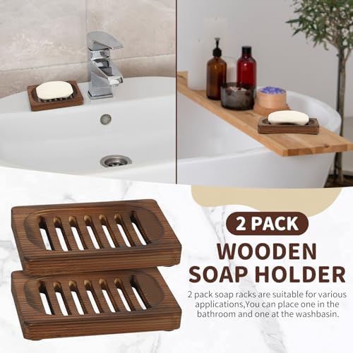 2 Pack Wooden Soap Holder - Integrated Self Draining Soap Dish for Shower with Slotted, Sturdy Wooden Soap Tray for Sink, Bathtub and Kitchen - Image 3