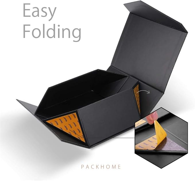 PACKHOME Gift Box 9x6.5x3.8 Inches, Rectangle Collapsible Box with Magnetic Lid for Gift Packaging (Matte Black, Grain Texture)