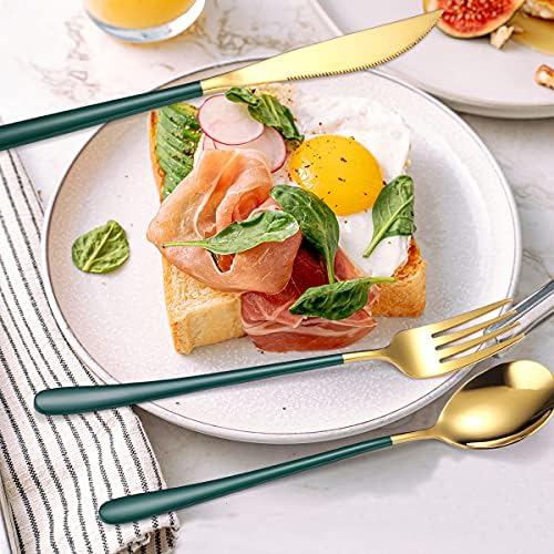 AARAINBOW 6 Pieces 18/8 Stainless Steel Flatware Set Portable Reusable Cutlery Set Travel Utensils Set Including Chopsticks Knife Fork Spoon Straws Cleaning Brush Dishwasher Safe (Green golden) - Image 6