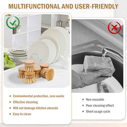 6Pcs Bamboo Dish Brush Head Soft Sisal Bristle Dish Natural Washing Brush Head Eco-Friendly Washing Up Brush Replacement Heads Easy to Use Dish Scrubber Head for Dish Brush Cleaning 1.89×1.57 - Image 4