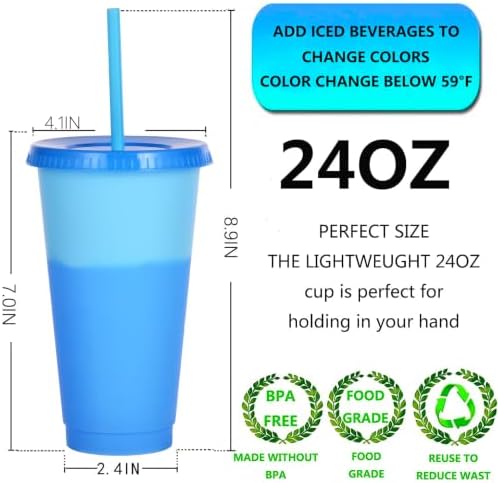 Color Changing Cups, 5 Pack 24oz Plastic Tumblers, Reusable Iced Coffee & Smoothie Cups with Lids and Straws for Parties and Travel (5 Change, 5 Packs) - Image 3