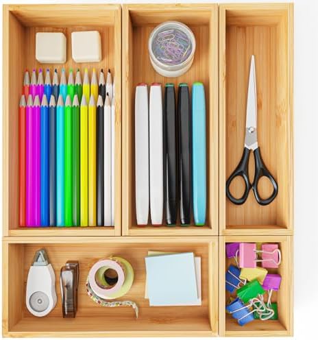 Bamboo Drawer Organizer Boxes, 5 PCS Junk Drawer Organizer, Wooden Storage Trays for Kitchen, Bathroom, Office, Makeup by Unknown