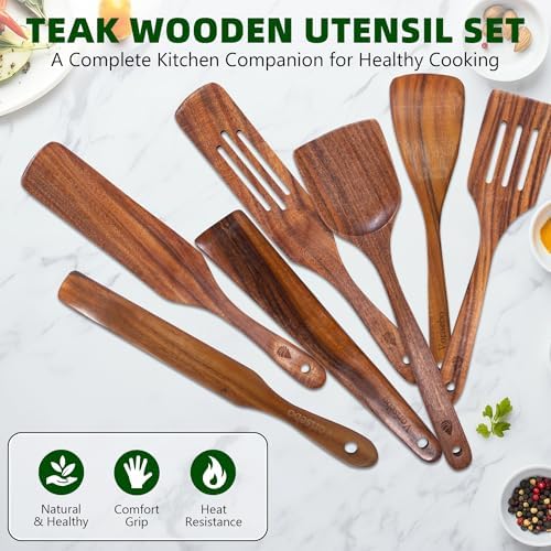 7 Pcs Teak Wooden Utensil Set, Wooden Spoons for Cooking - Image 6