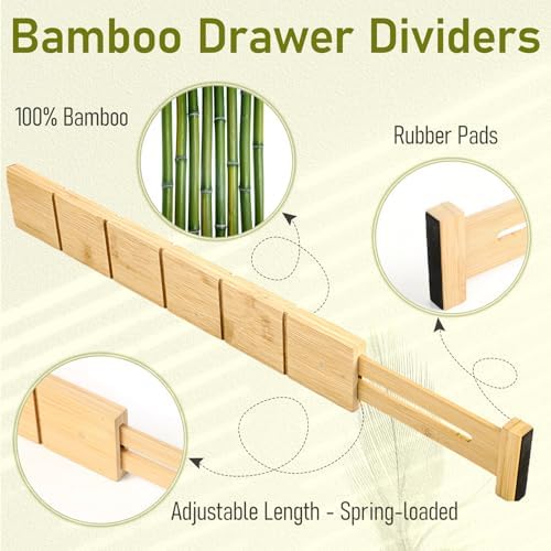 Whitmor Adjustable Bamboo Drawer Dividers, Expandable 17"-22" Drawer Organizer, Space-Saving, Non-Slip & Spring-Loaded Separators for Kitchen, Bedroom, Office, 4 Pack Dividers with 9 Baffles - Image 3