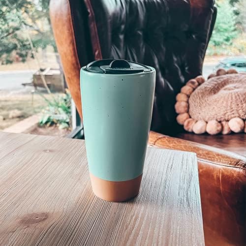 Mora Double Wall Ceramic Coffee Travel Mug with Lid, 14 oz, Portable, Microwave, Dishwasher Safe, Insulated Reusable Tall Cup, Splash Resistant Lid - To Go Tumbler for Car Cup Holder, Seafoam - Image 5
