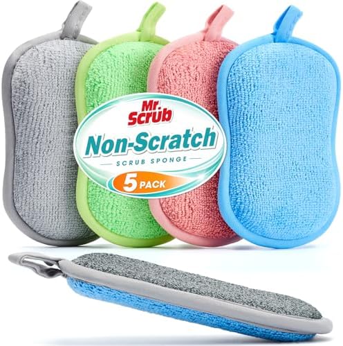 Mr. Scrub Sponges Kitchen Dish Sponge for Washing Dishes Cleaning Kitchen, 5 Pack, Non Scratch, Rough Scrubbers Side for Non-Stick Cookware, Soft Microfiber Scrub Side for Dishes, Multicolor by MrScrubCleaninghelpers