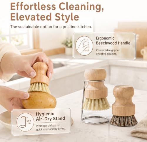 3 Pack Wooden Dish Brush Set - 2*Vegetable Brush & 1*Stainless Steel Stand - Image 3