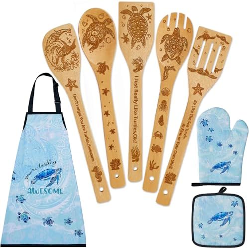 Sea Turtle Gifts for Women,8PCS Coastal Bamboo Cooking Utensil Spoon with Apron Oven Mitt Potholder for Kitchen Decor,Ocean Themed Stuff for Turtle Lovers,Mom,Easter,Housewarming,Birthday Gifts by DudjotcHome