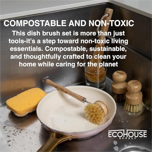 ECOHOUSE SUPPLY™ Bamboo Dish Brush Set – 6-Piece Natural Fiber Kitchen Brush Set with Loofah Sponges (No Bleach), Sisal & Palm Scrubbers – Non-Toxic, Eco-Friendly, Plastic-Free Dish Cleaning Brushes. - Image 4