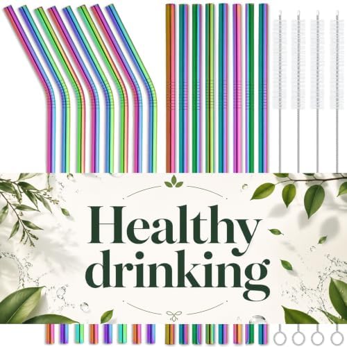 16 Pack Rainbow Stainless Steel Straws for 20 oz Tumblers, 8 Straight and 8 Bent Reusable Metal Straws with 4 Cleaning Brushes, Rainbow Colored, Fits Insulated Cups by XNCJWL