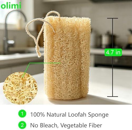 OLIMI Natural Luffa Scrubber for Dishes (4-Pack), 100% Loofah Sponge for Kitchen Cleaning, Non-Scratch Scrub Pads for Pots Pans Glass, 12cm/4.7 inch Each, Eco-Friendly Dishwashing Tools - Image 2