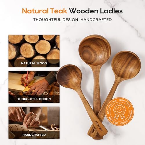 Wooden Ladle for Soup, 3 Size Teak Wood Ladle Spoon with Back Hooks, Heat Resistant Wooden Spoons for Cooking, Non-Stick, Comfortable Grip, Wood Kitchen Utensils Set for Serving, Stirring - Image 4