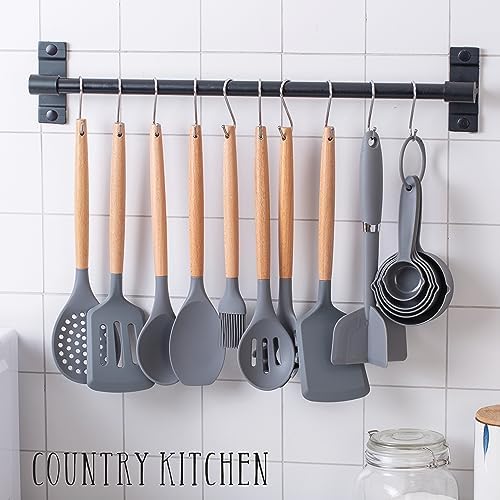 Country Kitchen Non Stick Silicone Utensil Set with Rounded Wood Handles for Cooking and Baking, 38 Piece Set, Gray - Image 5