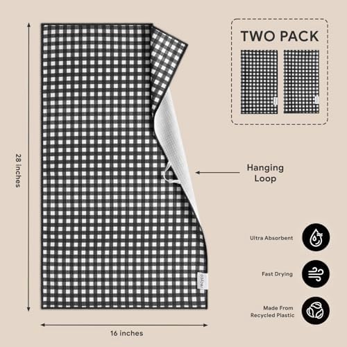 RECYCO Waffle Kitchen Towel Set of 2 - Quick Dry Microfiber Sustainable Dish Towels - Ultra Absorbent Reusable Cleaning Tea Towels - Lightweight Hand Towels,16”x 28”, Iron Black Plaid - Image 6