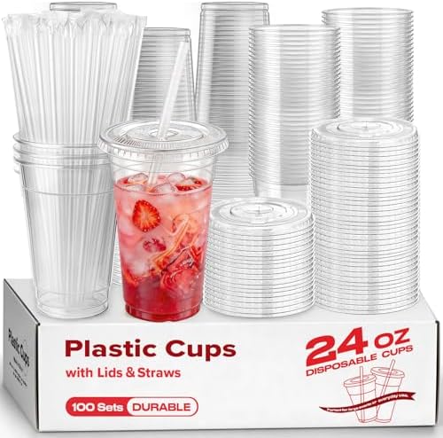 100 Pack 24 oz Plastic Cups with Lids and Straws, Clear Disposable Plastic Cups, Heavy Duty Iced Coffee Cups with Leak-Resistant Lids, Cold Drink Cups for Smoothies, Juice, Soda & Party To Go by Unknown