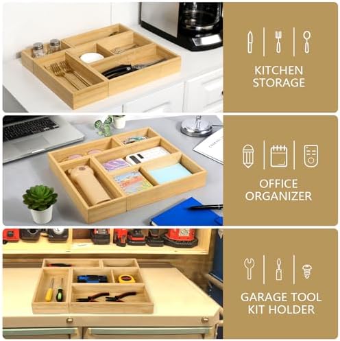 5 Pack Bamboo Drawer Organizer Set, Multi-Use Junk Drawer Organizer for Bathroom, Kitchen, Office, Jewelry, Makeup - Image 5