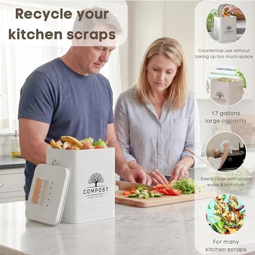 PERFNIQUE Kitchen Compost Bin, 1.7 Gallon Countertop Compost Bin with Lid, Indoor Compost Bin Includes 2 Carbon Filters, Small Compost Bucket, Food Waste Bin for Kitchen with Trash Bags (Cream White) - Image 3