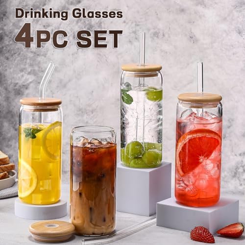 DWTS DANWEITESI Glass Cups “20oz”,Glass Cups with Lids and Straws 4 pcs-Coffee Cups,Drinking Glasses Set,Glass Tumbler with Straw and Lid Gift 2 Cleaning Brushes 600ml - Image 3