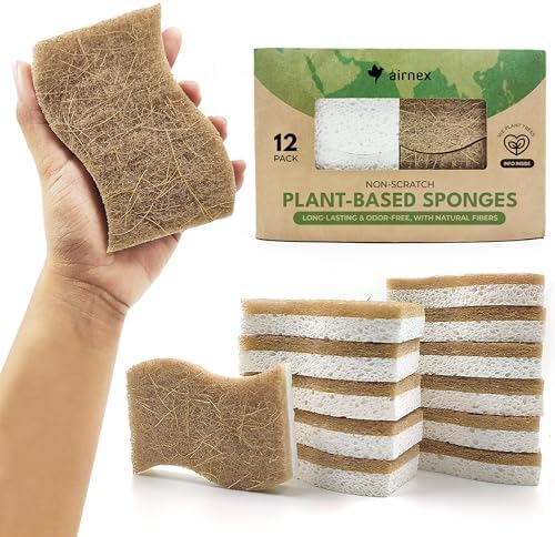 AIRNEX Natural Kitchen Sponges (12 Pack) - Biodegradable Cellulose & Coconut Scrubber Dish Sponges for Kitchen - Eco-Friendly, Non Scratch, Compostable, Non Toxic S-Shaped Natural Sponges for Dishes by Airnex