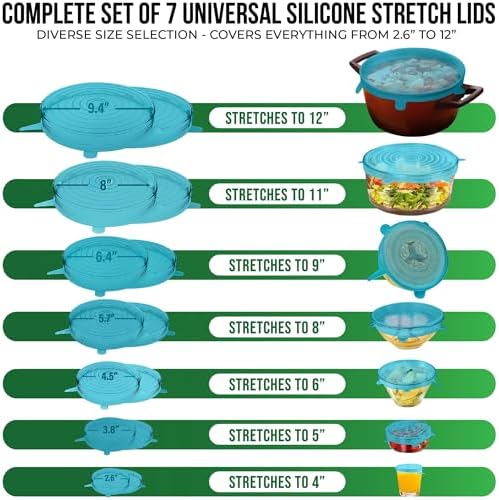 Reusable Silicone Stretch Lids for Food Storage in Fridge - Elastic Heat-Resistant Bowl Covers, Cups, Cans, Jars - Universal Food Grade Lid for Containers - 7 Pack - Blue Mist Stretchy Lid Set - Image 2