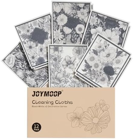 JOYMOOP 12 Pack Decorate Cleaning Cloth (Black White of Decorative Series), Reusable Absorbent Dish Towels, Non-Scratch Washable Rags for Cookware, Kitchen and Household Cleaning - 6.7×7.9 inch by JOYMOOP