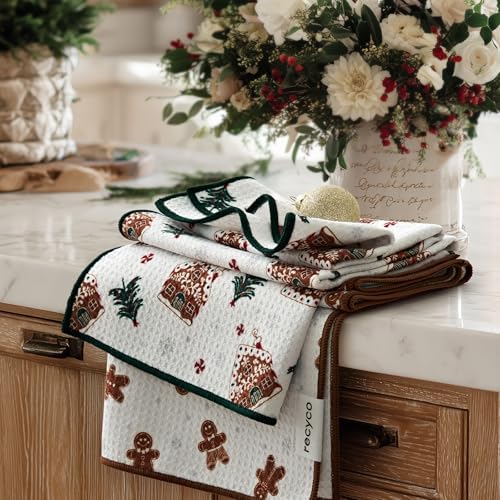 RECYCO Christmas Waffle Kitchen Towel Set of 2 - Quick Dry Microfiber Sustainable Dish Towels - Ultra Absorbent Reusable Cleaning Tea Towels - Lightweight Hand Towels,16”x 28”, Gingerbread Joy by RECYCOHOMECOLLECTION