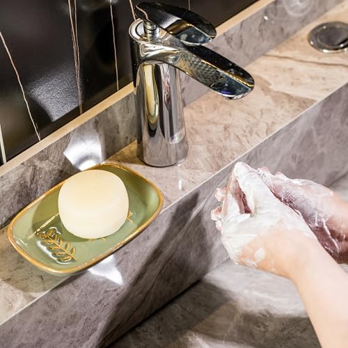 Miamolo Soap Dish Soap Holder Shower, Ceramic Soap Dishes for Bar Soap Sponge, Shower Soap Dish Soap Saver Tray for Bathroom Kitchen Sink, Easy to Clean, Green (Pack of 2) - Image 6
