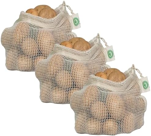 Reusable Mesh Produce Bags made from 100% Organic Cotton - 12"x10", Perfect Reusable Net Vegetable Bags - Washable Fruit, Vegetable & Produce Sacks (3 Medium) by OrganicCottonMart