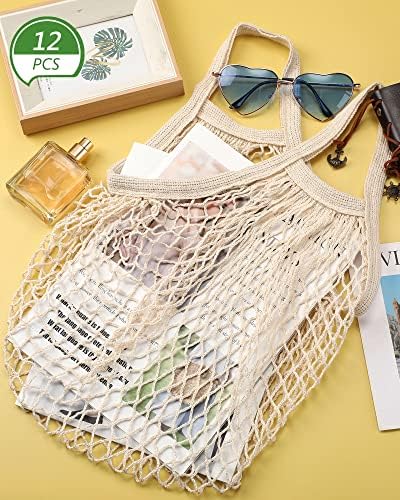 Eccliy 12 Pcs Reusable Mesh Grocery Bags Portable Cotton Produce Containers Washable Net Mesh Tote Bag Handle String Shopping(Beige) - Image 3