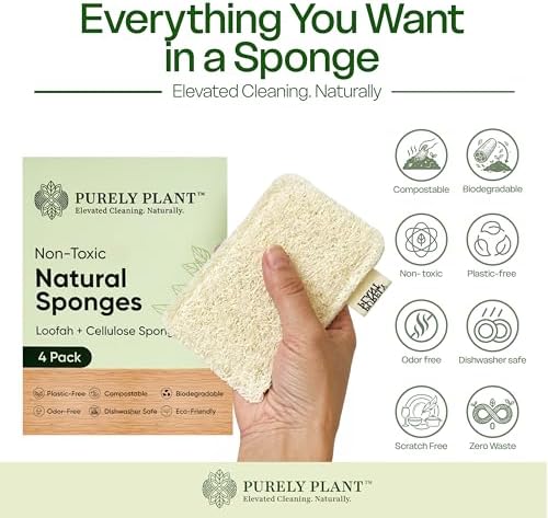 Purely Plant Loofah Dish Sponge 4 Pack– Non Toxic, 100% Plastic Free, Compostable,Loofah & Cellulose Premium Kitchen Scrubber,Biodegradable,Durable, Non-Scratch Scouring Luffa for Dishes, Sink&Tile - Image 3