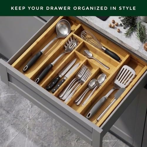 Bamboo Drawer Organizer, Expandable 8-Slot Silverware & Utensil Tray for Kitchen Drawers, Fits 13–19.5 Inch Drawers, Deep Compartments, Durable & Eco-Friendly Natural Bamboo - Image 3