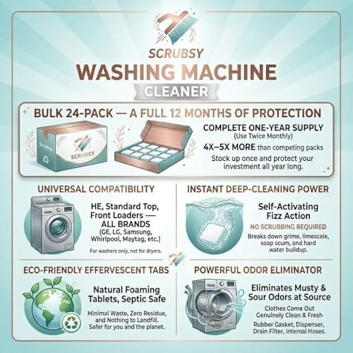 Washing Machine Cleaner Descaler Tablets 24 Pack - Deep Cleaning for Front Loader, Top Load & HE Washers, Septic Safe Eco-Friendly Deodorizer, Clean Inside Drum and Laundry Tub Seal - 12 Month Supply - Image 3