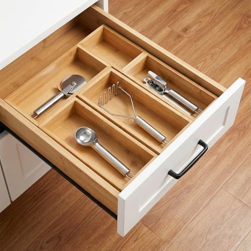5-Piece Bamboo Drawer Organizer Storage Boxes Kitchen Multi-purpose Storage Dividers Drawer Organizer Set for Office Vanity Closet & Bathroom Kitchen Office Jewelry Cosmetics - Image 5