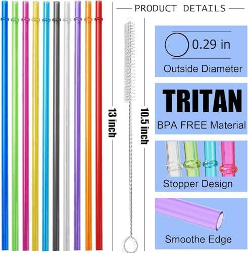 ALINK 13 inch Reusable Plastic Straws, Extra Long Colorful Tritan Tumbler Replacement Straws for Stanley Cups, 1 Gallon, 64/40/ 32 oz Water Bottles, Set of 10 with Brush - Image 2