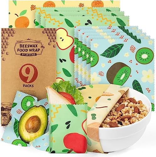 Akeeko Reusable Beeswax Food Wraps - Assorted 9 Packs, Reusable, Plastic-Free Food Storage, 4 Small, 3 Medium, 2 Large Wraps with Assorted Fruits Patterns by Akeeko