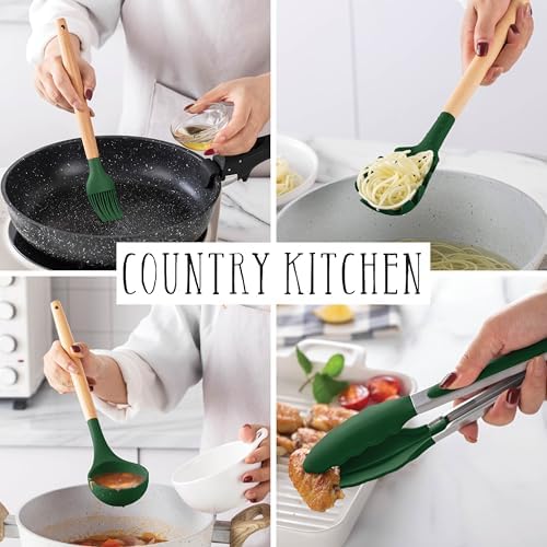 Country Kitchen Non Stick Silicone Utensil Set with Rounded Wood Handles for Cooking and Baking, 38 Piece Set, Green - Image 6